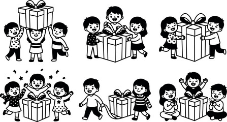 Fototapeta premium Children playing with large wrapped gifts and ribbons