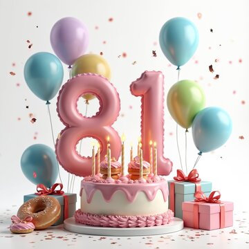Celebratory scene for 81st birthday with festive cake, candles, balloons, and gift boxes. Number balloons display eighty one with colorful confetti creating a joyful party atmosphere.