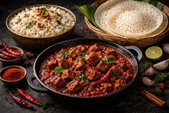 Spicy South Indian red beef fry curry served with ghee rice and appam on a dark black background