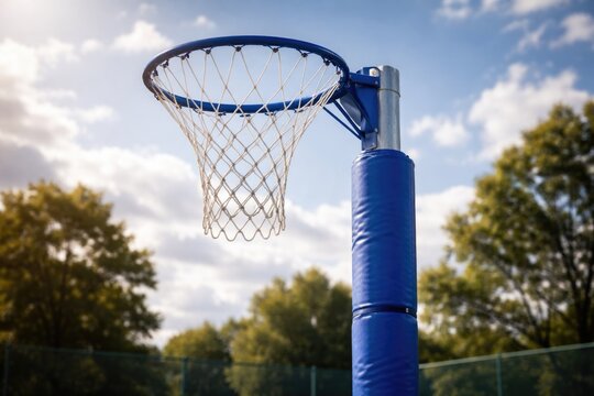 Blue padded netball hoop with metal pole and robust nylon mesh netting
