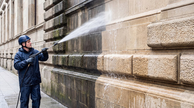 Cleaner using pressure washer to remove dirt from stone wall of building. Building facade maintenance and sanitation service. Professional worker cleaning exterior mural construction site.