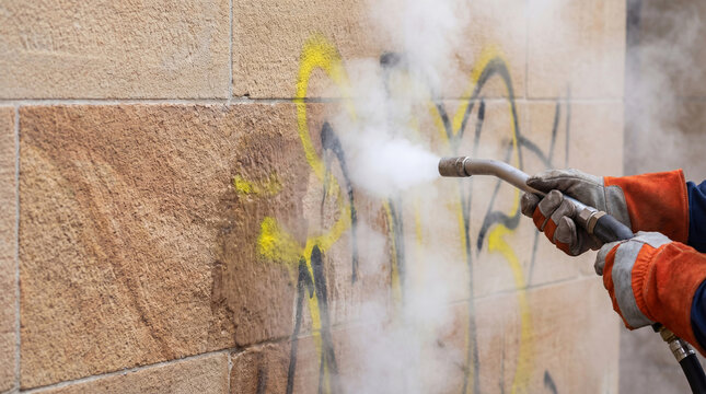 Cleaner using pressure washer to remove graffiti from stone wall. Worker cleaning facade with steam water jet. Restoration and maintenance service of building exterior surface.