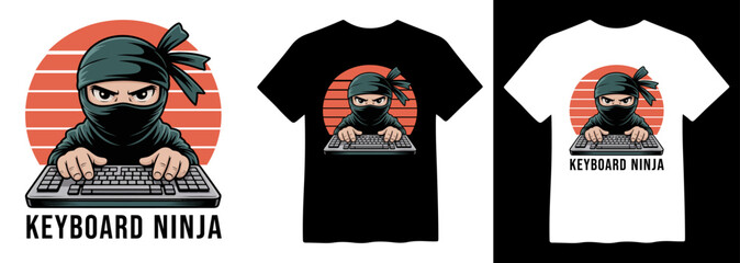 Keyboard Ninja vector illustration, a cool gaming character design, perfect for t-shirt prints and merchandise, featuring a masked ninja typing on a keyboard with a retro sunset background © Mix