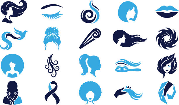 Compilation of blue and navy icons for beauty, hair, and fashion industry.