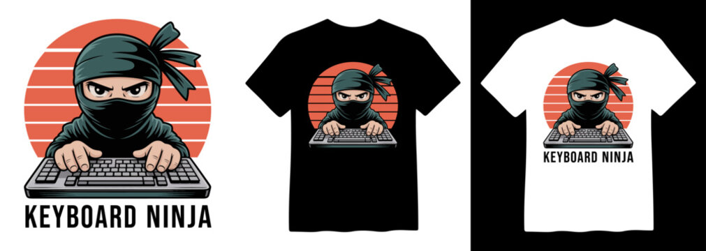 Keyboard Ninja vector illustration, a cool gaming character design, perfect for t-shirt prints and merchandise, featuring a masked ninja typing on a keyboard with a retro sunset background