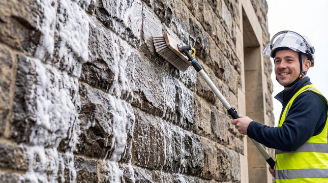 Cleaner scrubbing stone wall with telescopic brush and soap foam. Professional maintenance worker cleaning facade of building. Industrial hygiene and exterior renovation service concept.