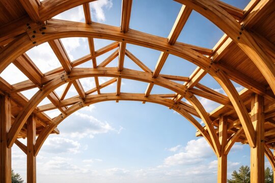 Structural glulam timber roof with open sky scene and empty copy space for text