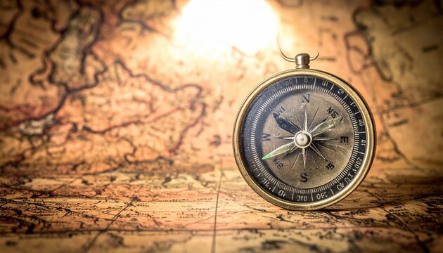 A well-worn vintage brass compass resting on an antique map, guiding the way for exploration and discovery