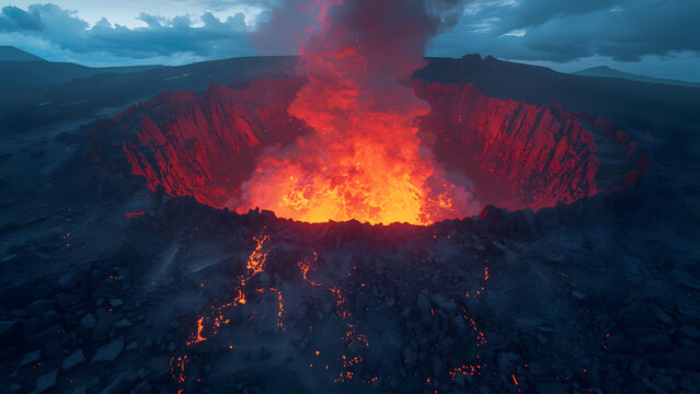 Volcano Eruption: Fiery Lava Plume and Molten Rock Flowing from Crater
