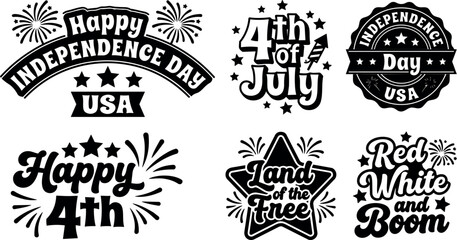 Fototapeta premium Black and white happy independence day usa lettering with fireworks and stars