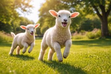 Obraz premium Happy pet sheep playing on a lush green grass lawn on a sunny summer day with full length view