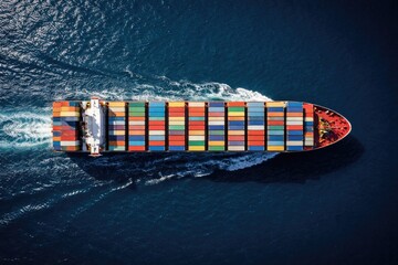 Fototapeta premium Top down view of a commercial shipping vessel carrying cargo containers at sea with copy space