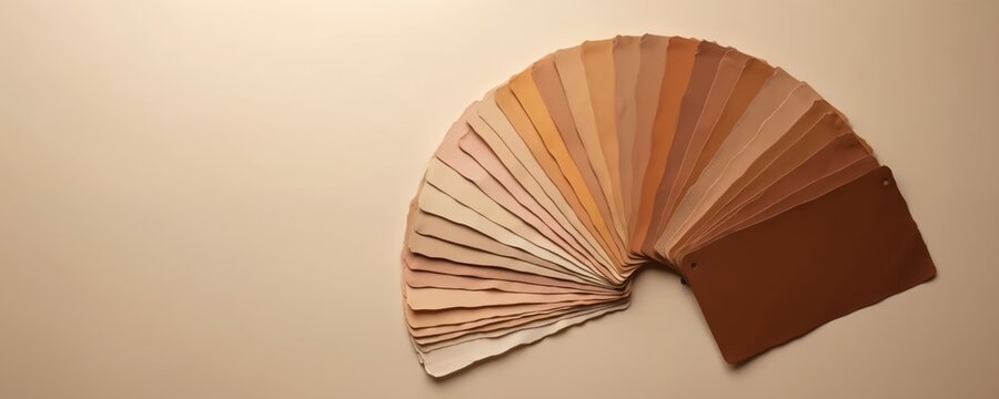 Fan of skin tone samples shown on beige background. Diverse shades from light to dark represent color palette. Beauty and cosmetic industry concept.