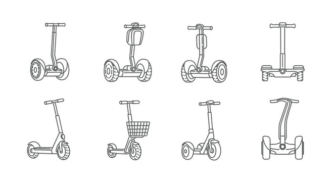 Line drawing of various personal transportation devices including scooters and segways