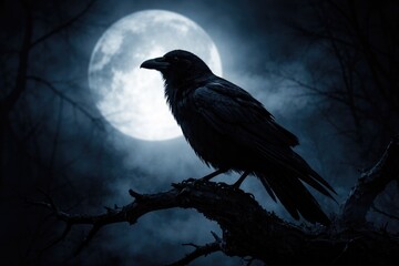 Obraz premium Dark silhouette of a solitary raven illuminated by moonlight creating a tense Halloween scene