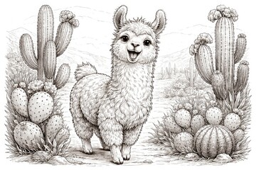 Fototapeta premium Line art of a cheerful llama with prickly cactus plants in a desert scene