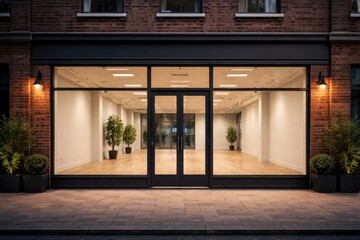 Fototapeta premium Office shop front featuring a brick terrace and spacious empty interior