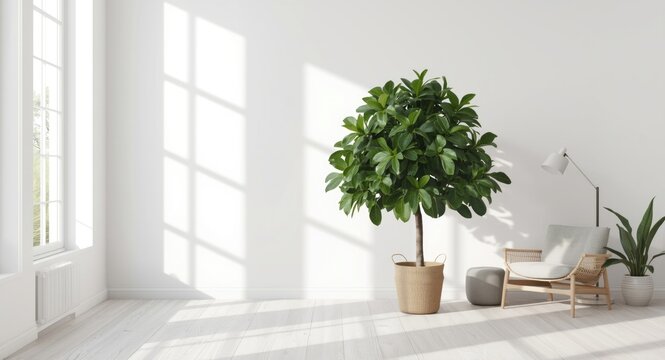 Spacious indoor fiddle leaf fig tree image with copy space for text