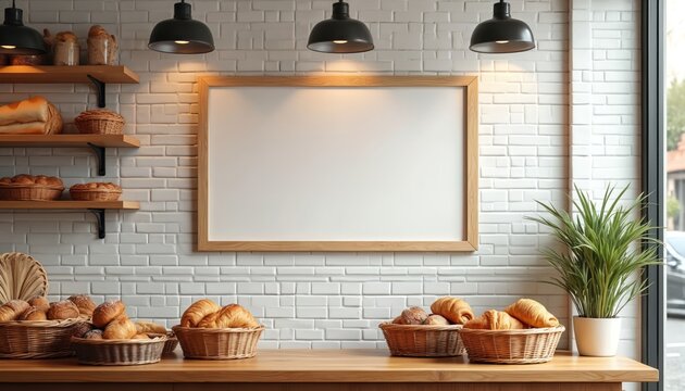 Blank wooden frame hangs above bakery counter with bread and pastries. Shelves display baked goods against white brick wall. Fresh croissant assortment in wicker baskets.