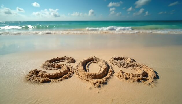 SOS message written in wet sand on sunny beach. Ocean waves gently wash ashore behind plea for help, set against clear blue sky with scattered clouds. Image conveys urgency, isolation in tropical