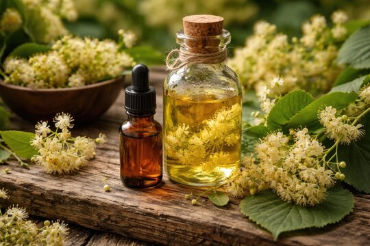 Tilia blossom essential oil and herbal tincture bottles arranged on rustic wooden plank with fresh flowers