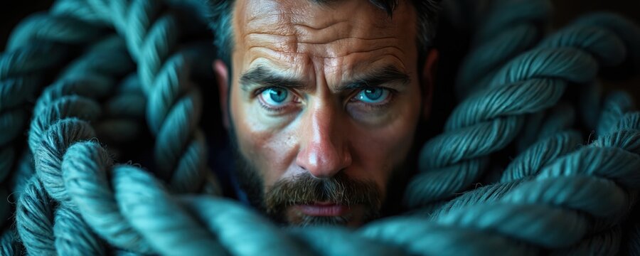 Man trapped by thick rope evokes feelings of stress and being overwhelmed. He looks anxious, burdened by job pressures, facing workplace toxicity and mental strain.
