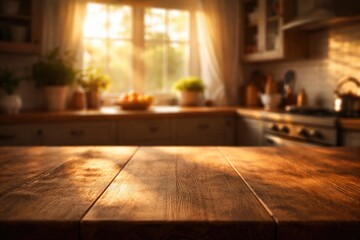 Fototapeta premium Warm sunlight shining through kitchen window creating blurred wooden table background