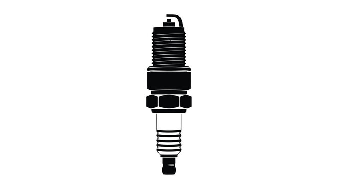 A black and white silhouette of a car spark plug on white background