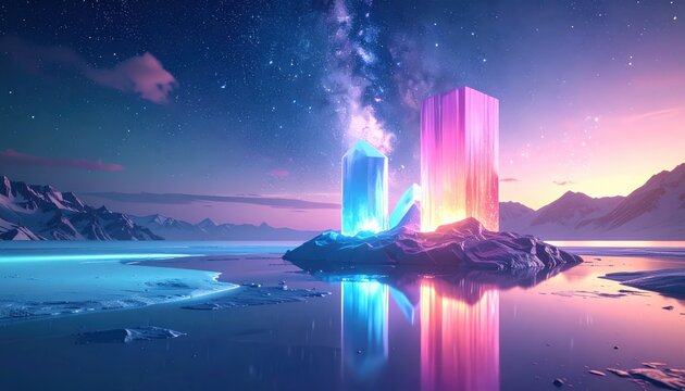 Vibrant quantum crystal structures in a surreal cosmic landscape, representing qubit superposition