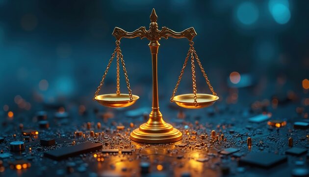 Golden scales of justice sit on circuit board. Symbolizes digital law intellectual property and fair use in tech. Represents cyber security balanced rights.