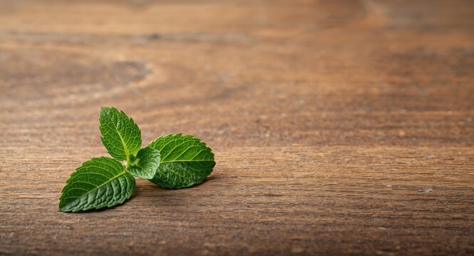 Single fresh mint leaf resting on smooth timber surface with copy space