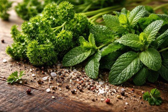 Close up of vibrant parsley and mint herbs sprinkled with salt and pepper on wooden table
