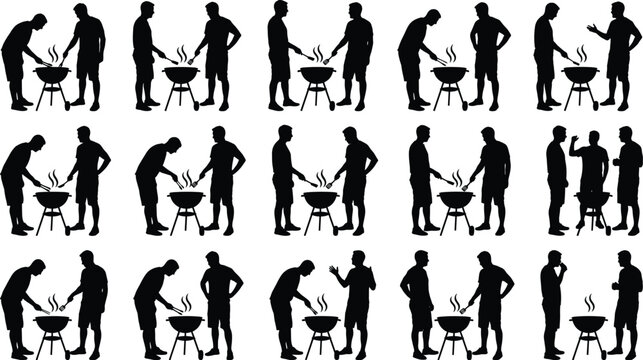 Barbecue grill silhouette icon set featuring men cooking outdoor BBQ party social gathering summer activity vector illustration collection isolated on white background