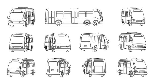 Line art illustration of various public transportation buses in different views