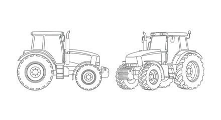 Obraz premium Line drawing of two modern agricultural tractors side and perspective views