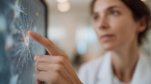 Woman pointing at an x-ray image on a computer screen. the woman is wearing a white lab coat and appears to be in a laboratory or medical setting.