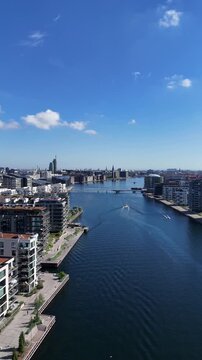 Aerial view of Andrei Sakharovs Vej and waterfront residential area in Copenhagen, Denmark
