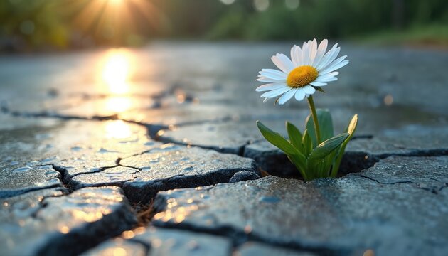 Single daisy flower grows through cracked concrete pavement. Sun shines brightly in background. Symbolizes hope, strength, and nature perseverance over hard surfaces.
