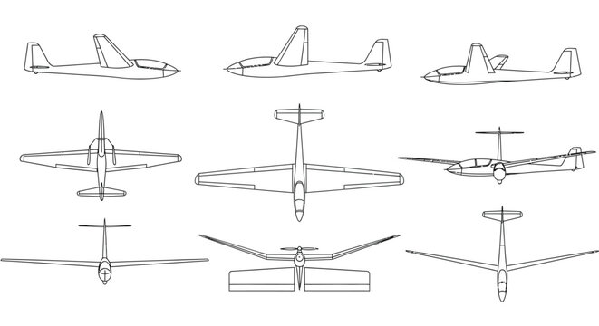 Line art depiction of various glider aircraft from multiple viewpoints