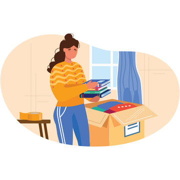 Woman packing books in box vector cartoon