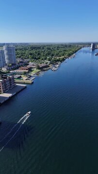 Aerial view of Andrei Sakharovs Vej and waterfront residential area in Copenhagen, Denmark
