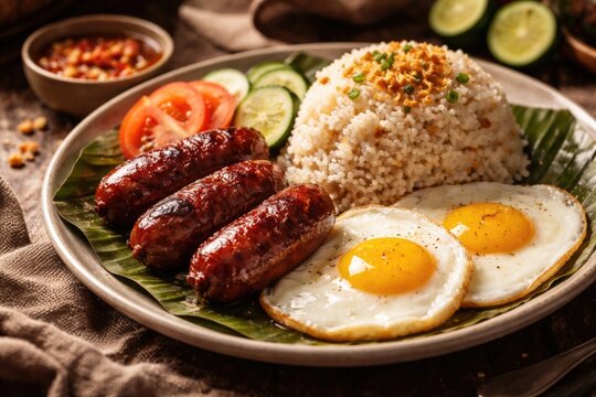 Traditional Filipino breakfast with longsilog, sunny eggs, and garlic fried rice
