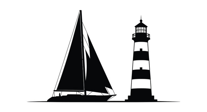Silhouette of a sailboat and lighthouse against a white background
