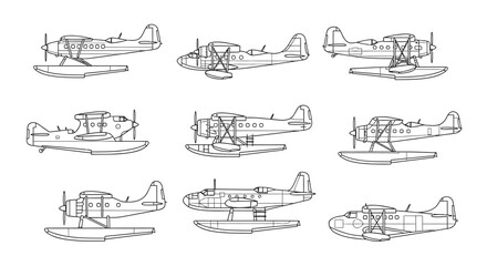 Collection of vintage seaplanes and floatplanes in linear illustration © MdBakerHossen