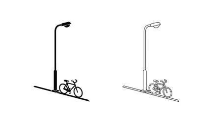 Black and white line drawing of street lamps and bicycles © MBHM Studio