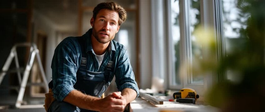 skilled tradesman, ceramic floor tiles, partially finished room, construction tools, natural light, high-detail, documentary-style, renovation scene, central kneeling figure, tile pattern