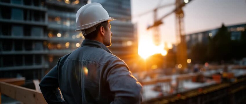 A construction worker wearing a white hard hat stands overlooking a building site at sunset, observing the ongoing progress of the construction project.