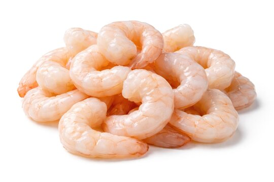 Close up of expertly peeled prawns against a pristine white background with clipping path for packaging use