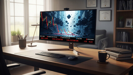 Fototapeta premium Financial stock market crash and recession data on wide monitor in home office