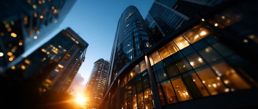  level capturing towering commercial skyscrapers surrounding the viewer, reflective glass and dark metal exteriors rising toward a bright cloudy sky